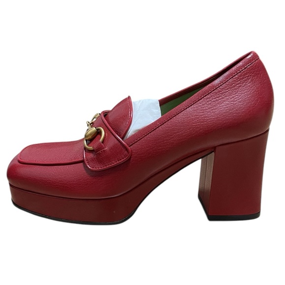 Gucci Goatskin Houdan Mid Heel Platform Loafers Hibiscus Red - Picture 4 of 9